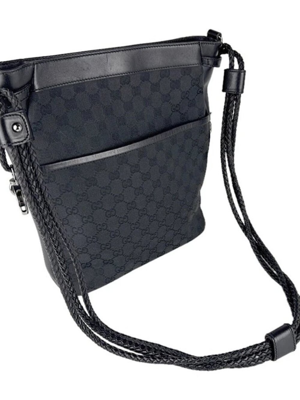 Auth GUCCI Shoulder Bag Black GG Canvas/Leather - z8723 - Picture 3 of 13